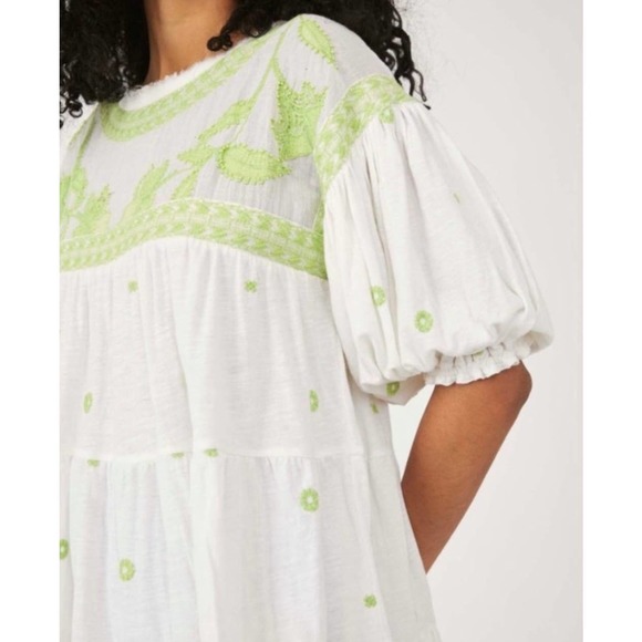 Free People Edie Top Womens White Green Linen Blend Beaded Embroidered M - Picture 7 of 12